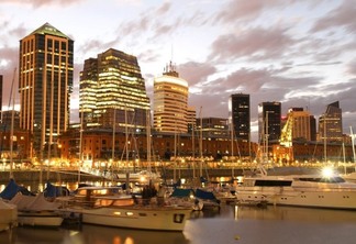Nightly panorama of the Puerto Madero in Buenos Aires Argentina.