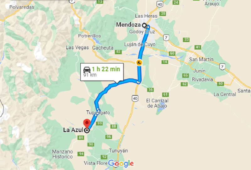 Mapa: De carro de Mendoza até a bodega La Azul