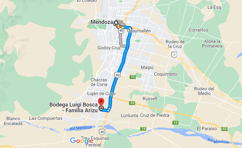 Mapa: De carro de Mendoza até a bodega Luigi Bosca
