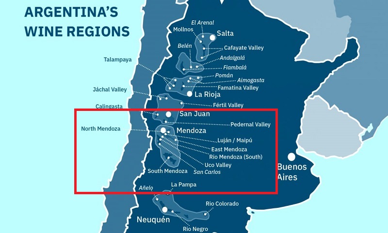 Mapa da rota dos vinhos em Mendoza