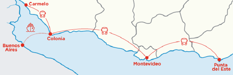 Mapa do roteiro: Montevidéu, Colonia del Sacramento e Buenos Aires