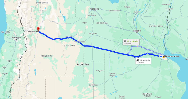 Mapa de Buenos Aires a Mendoza